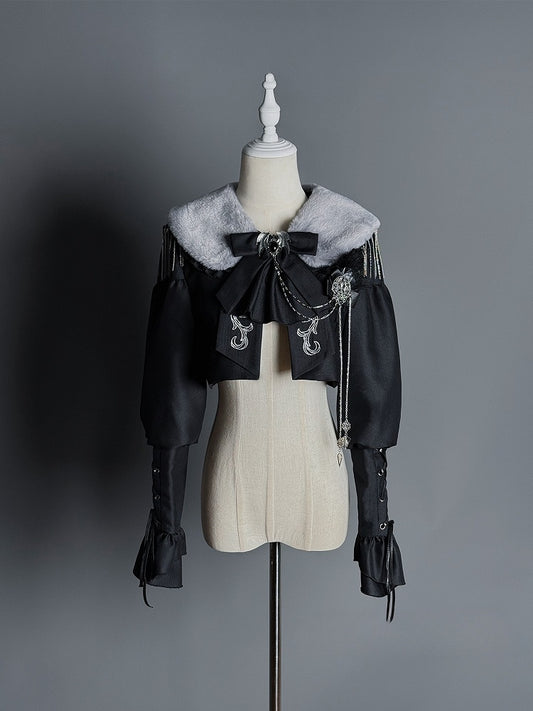Lolita Coat Collar Sleeves Leg-of-Mutton Black Faux with Fur Gothic Detachable