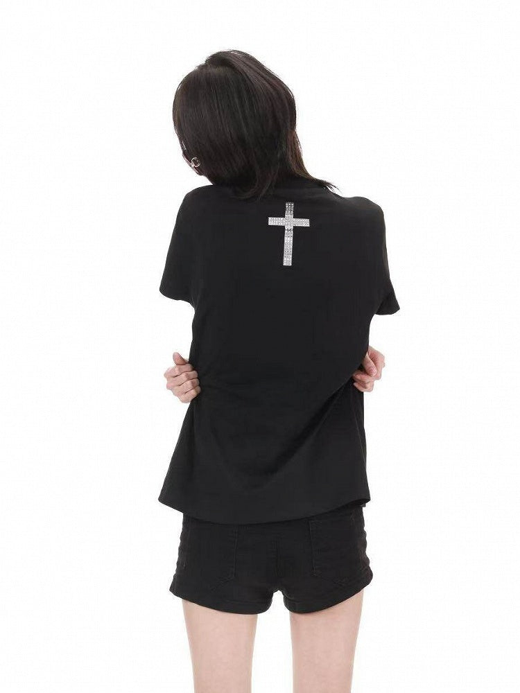 Genderless Punk Black Tee with Girl Rhinestone Print - DETW OnLine