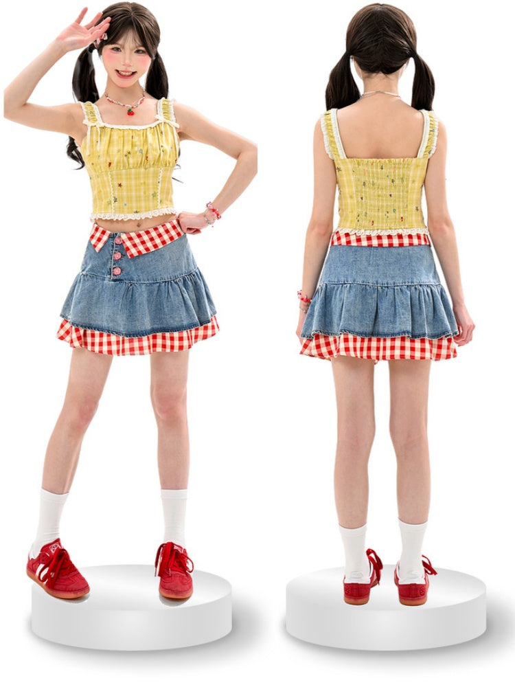 トリムレーススタープリントトップ イエローチェック柄 クロップド丈 ノースリーブ