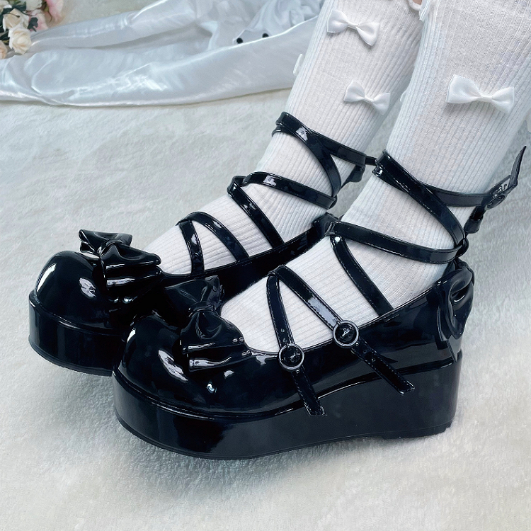Black Bow Buckle Straps Round Toe Platform Lolita Shoes - XIN MENG