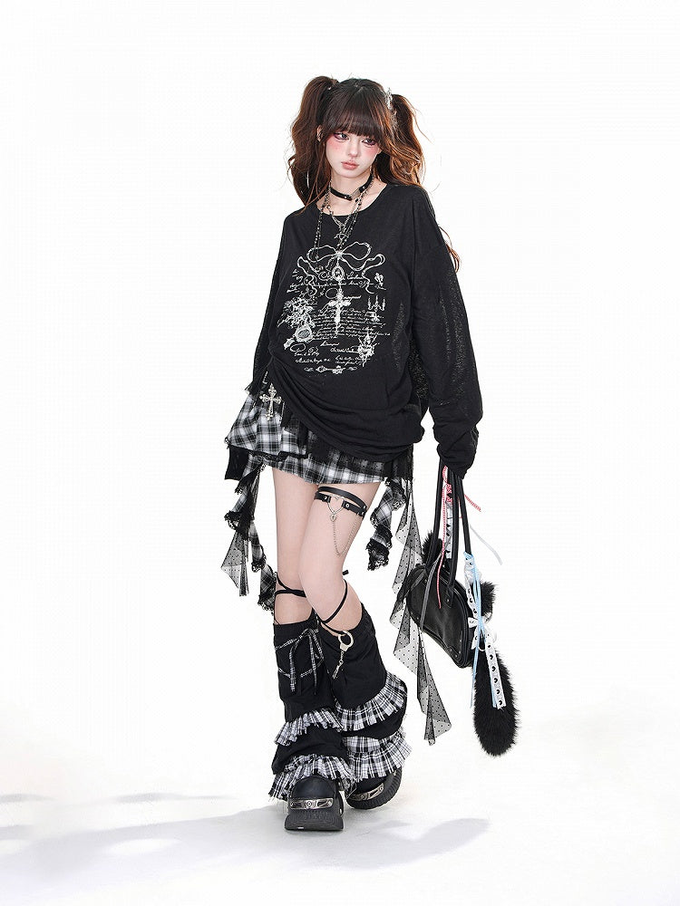 Schwarz/weißes, halbtransparentes, lockeres Sweatshirt mit Kreuzdruck und Kordelzug in der Taille