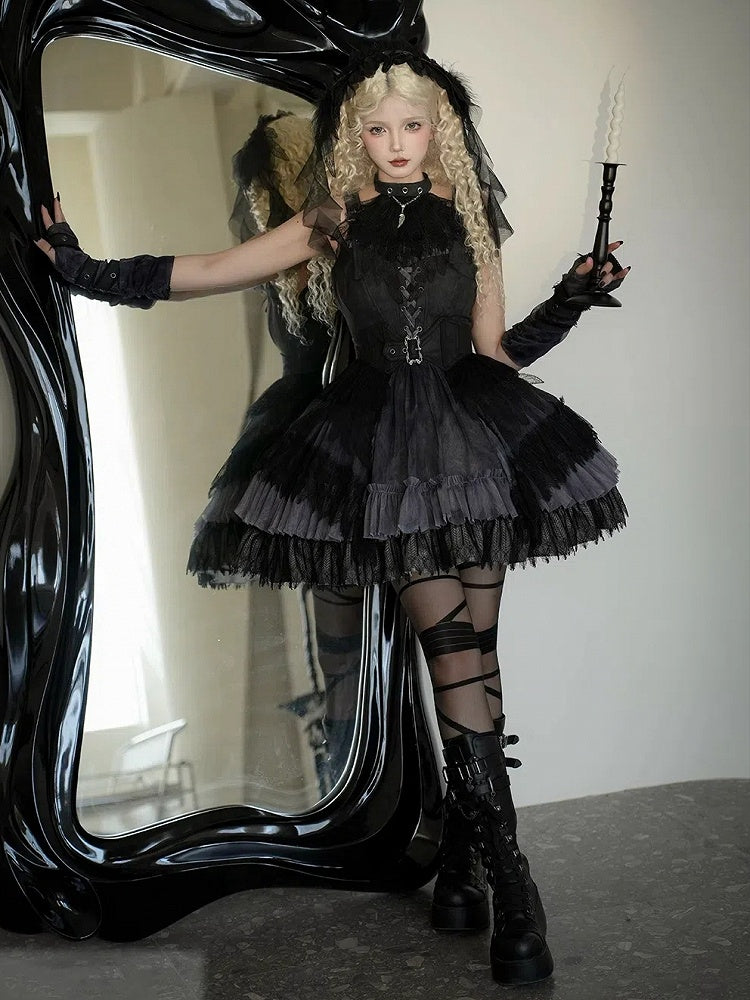 Buckle Feather Dress Panel Straps Shoulder Lace Skirt Gothic Black Lolita