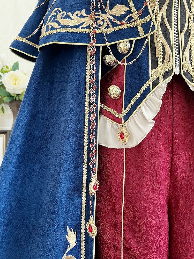 Goldenes Top + Ketten, lang, wunderschöner Stil, Prinzenärmel, blau mit Hose, königlich roter Umhang