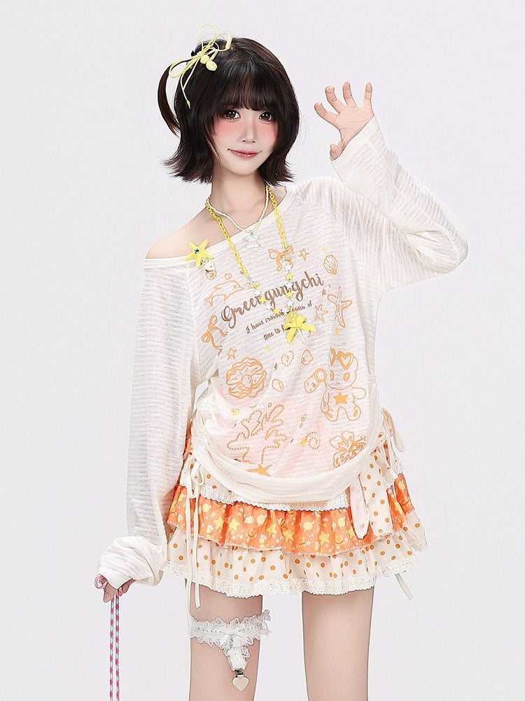 Breathable Apricot Cartoon Print Long-Sleeve Top - CRAZY GIRL