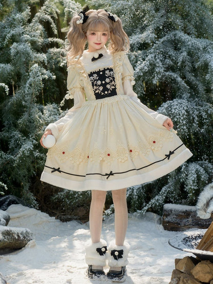 und Ausschnitt Beige Lange Ärmel Manschetten Lolita Floral Plüsch Kleid Mieder Stickerei