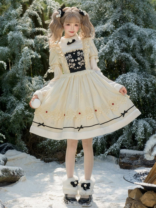 und Ausschnitt Beige Lange Ärmel Manschetten Lolita Floral Plüsch Kleid Mieder Stickerei
