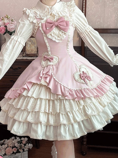 Lolita Heart Lace JSK and with Pink Sweet Dress Patch Ruffles Embellished Beige Bow