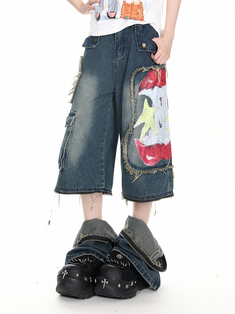 Wide-leg Deep Y2K Blue Graffiti with Print Distressed Jeans Convertible Apple Design