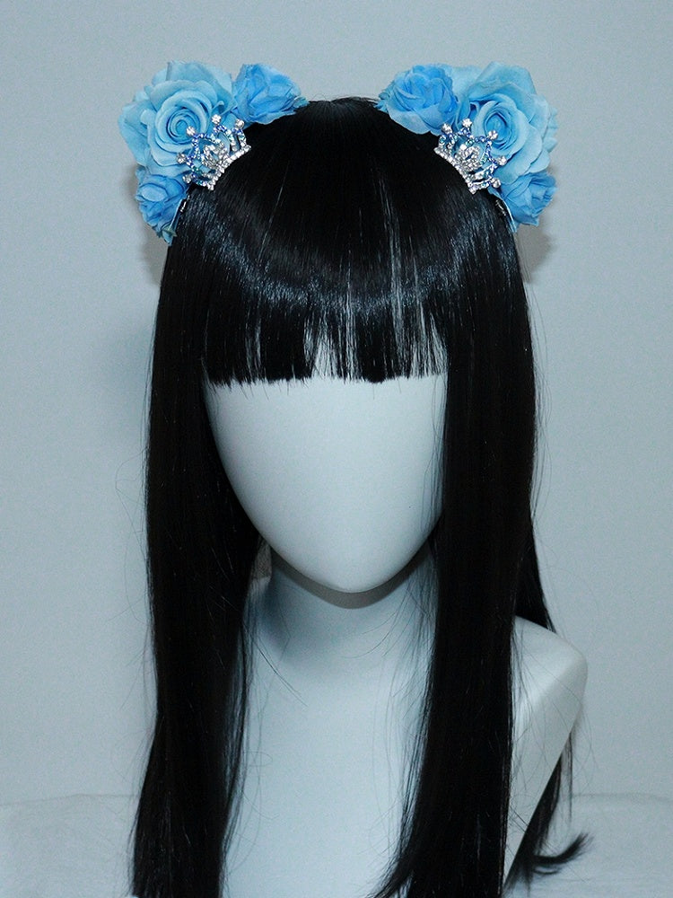 Details Crown Blue Cat Design with Rhinestone Ear Floral Hairclips