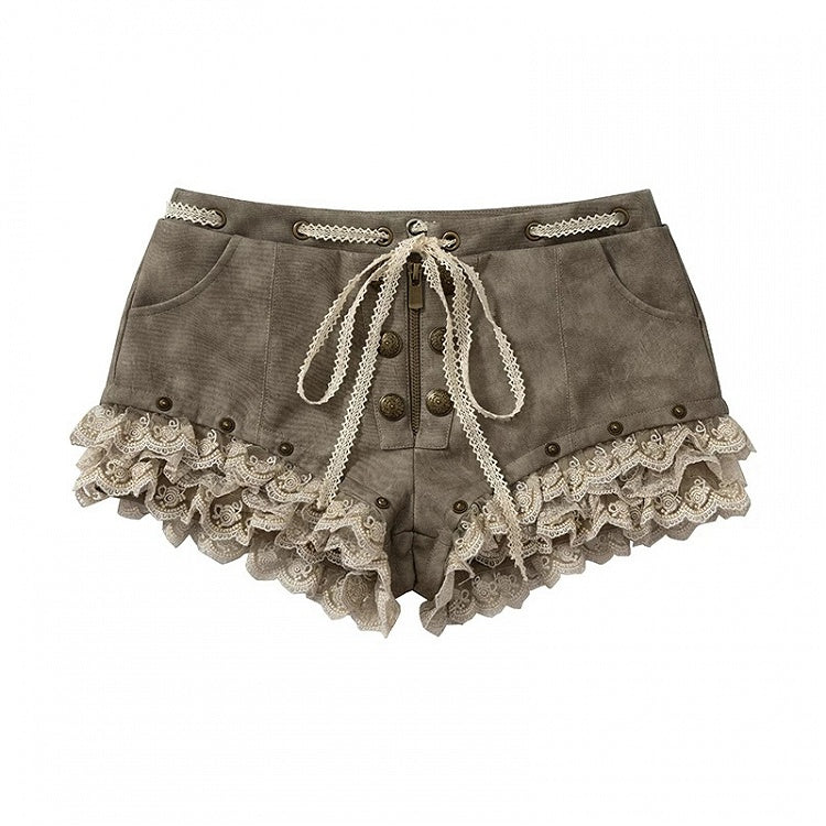Khaki Faux Leather Shorts with Lace Trimmed Hems - NO ROMANCE