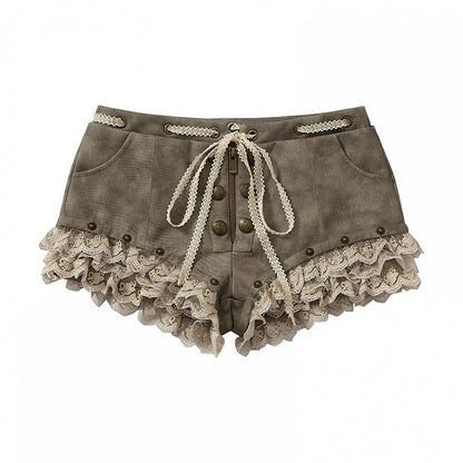 Khaki Faux Leather Shorts with Lace Trimmed Hems - NO ROMANCE