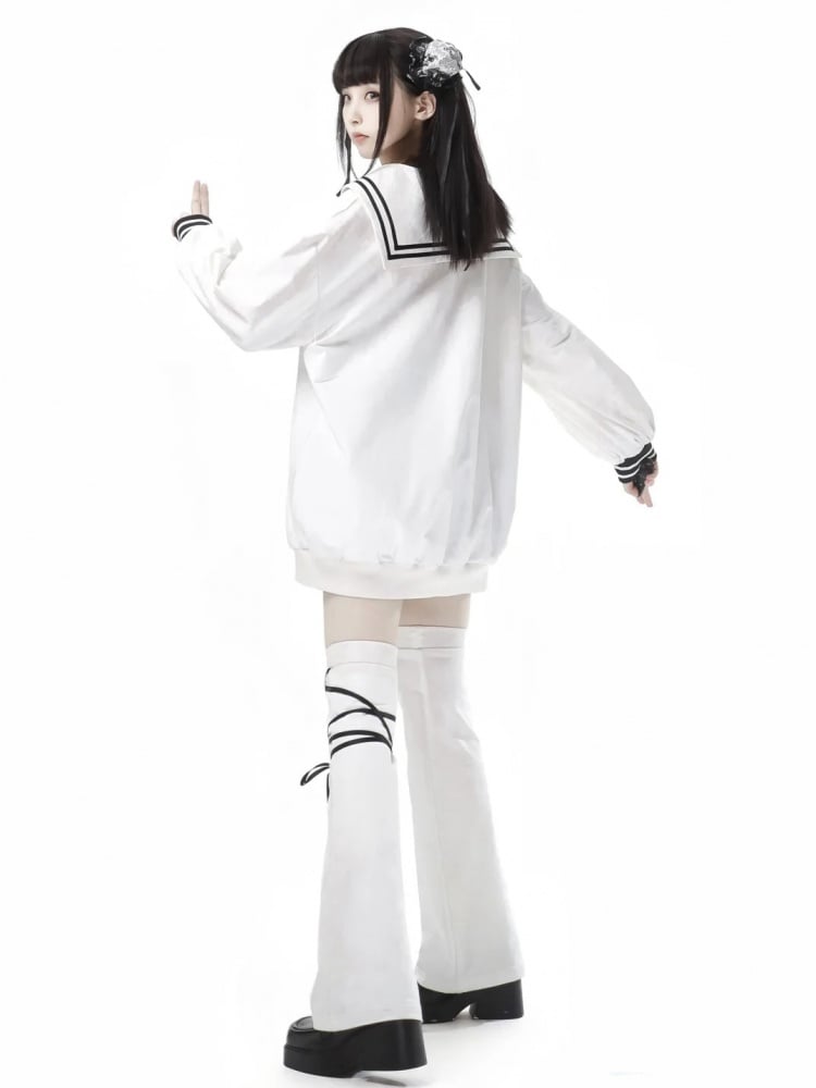 ホワイトセーラーカラープレッピースタイルスウェットシャツ