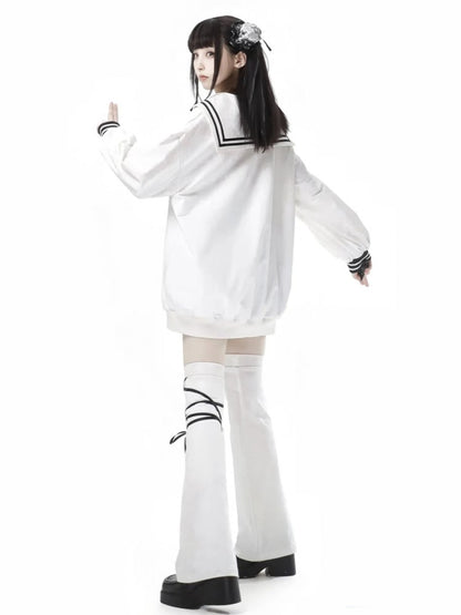 ホワイトセーラーカラープレッピースタイルスウェットシャツ