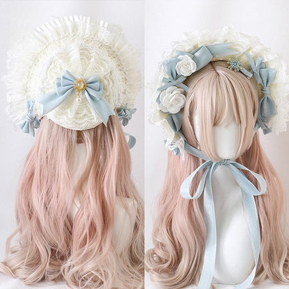 With Snowflake Hairclip White Blue Light And Floral Bowknot Sweet Bonnet Lolita Lace