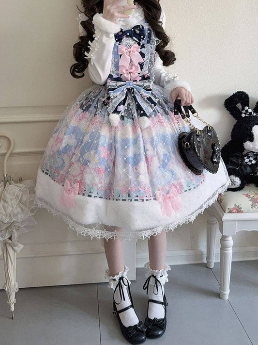 Pink Trim Bow Lolita Fur Dark Accents Hem Print Sweet Cat with and Dress Blue