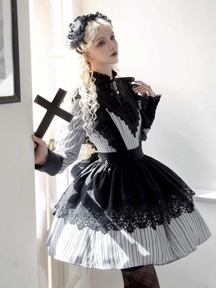 Light Gray Striped Pattern Nun Juliette Sleeves Banded Collar Gothic Lolita Dress Short Version