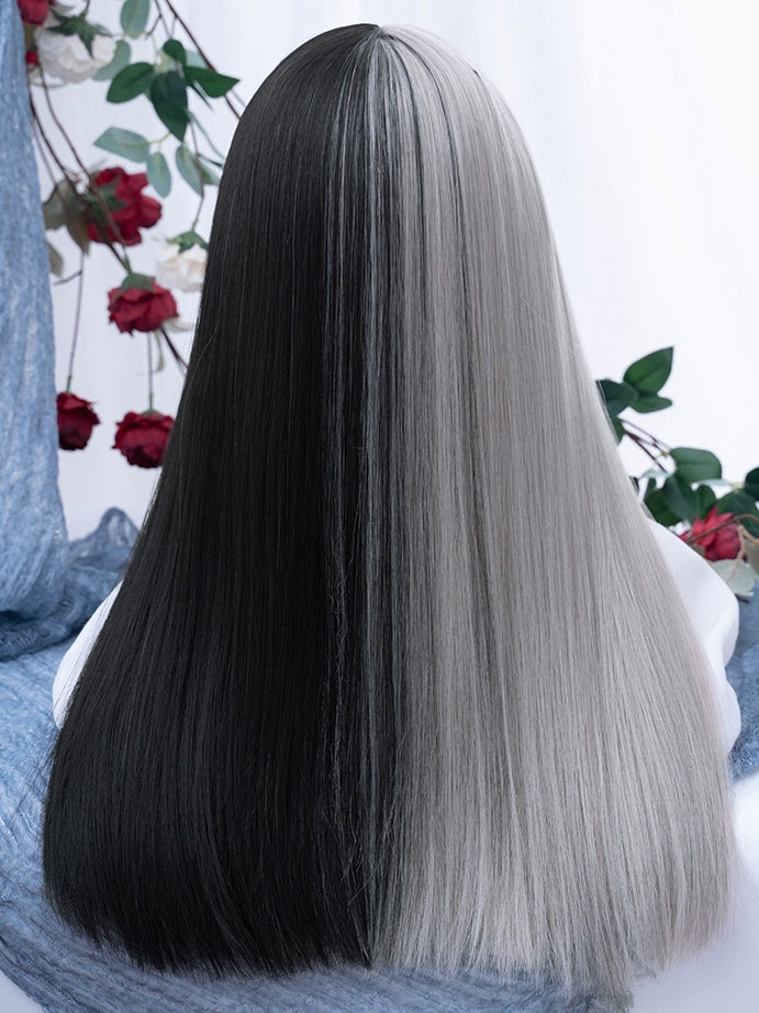 Silver&Black Split Color Long Straight Synthetic Wig With Bangs