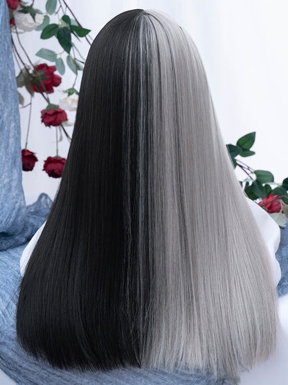 Silver&Black Split Color Long Straight Synthetic Wig With Bangs