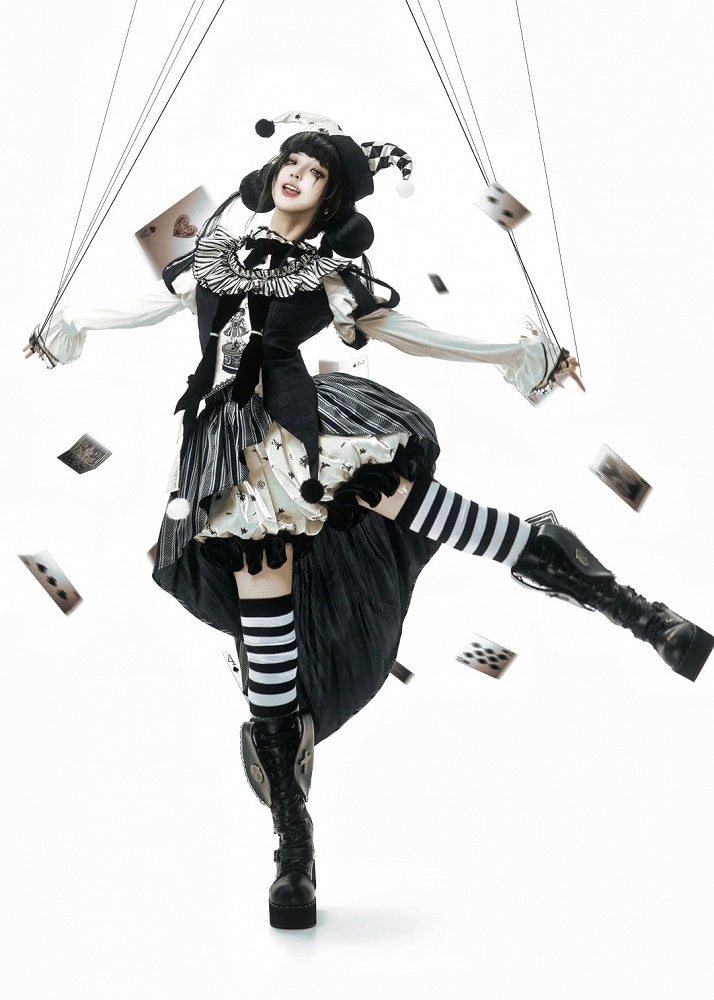 Sweet Accessories Top Skirt Clown Vibes White Sleeves Hi-lo and + Set- Black Puff Circus Full Lolita