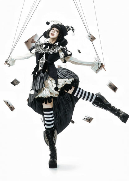 Sweet Accessories Top Skirt Clown Vibes White Sleeves Hi-lo and + Set- Black Puff Circus Full Lolita