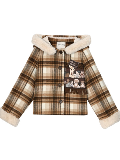 Brauner Wollmantel mit süßer Bären-Applikation und kariertem Kapuze, kurze Version