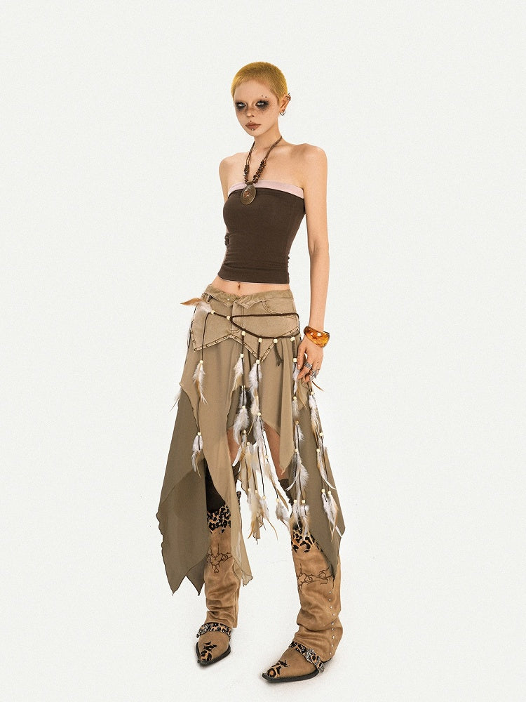 Vintage Brown Beaded Feather Waist Chain