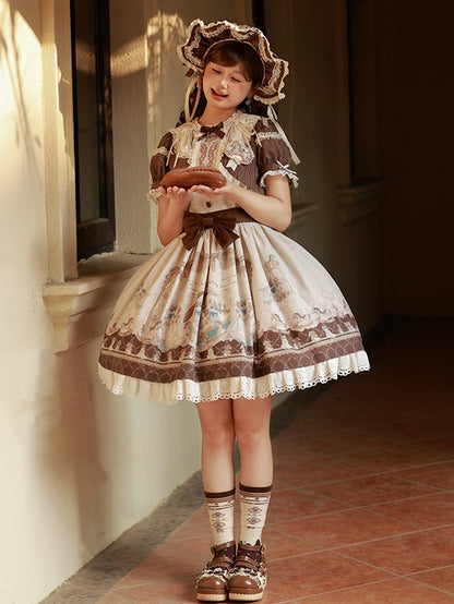 Braunes Lolita-Kleid mit Rüschen und Rundhalsausschnitt, Kitty- und Teddy-Print, Sweet Lolita OP