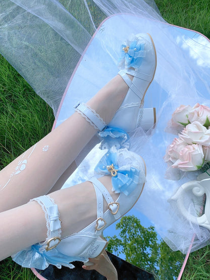 Shoes Lolita Decorated Light Lace Blue Trim Bow Sweet at Top Design Beaded Crisscross
