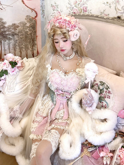 Rokoko Sweetheart Skort + Korsett Top Grünes Outfit Rosa Ausschnitt Rosen