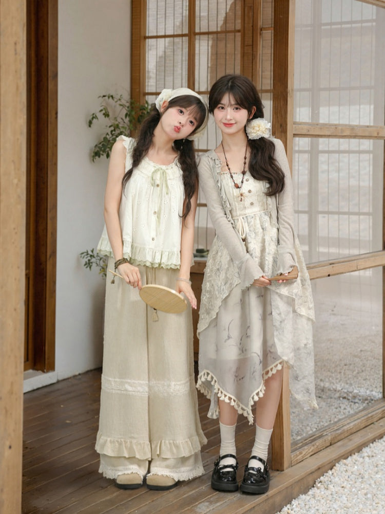 Ruffled Khaki Flax Tassel Cuffs Trim Drawstring Regular/Short Waist Wide-Leg Pants Version