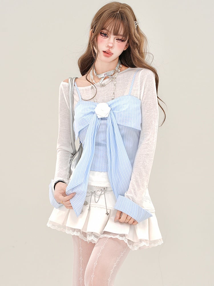 White Semi-sheer Top with Blue Striped Bow Accent Cami Top Set