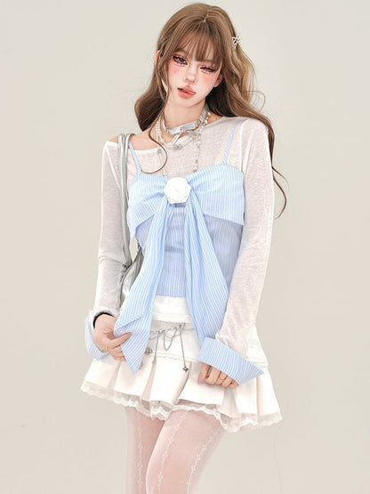 White Semi-sheer Top with Blue Striped Bow Accent Cami Top Set