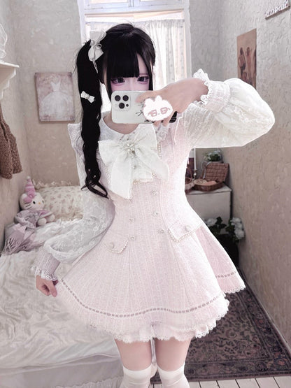 Tweed Set Long-Sleeve Pink Dress Kei Jirai Matching + Lace Fresh Shorts