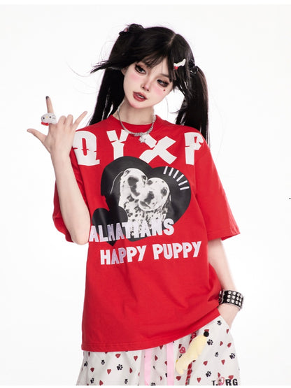 レッド クルーネック ダルメシアンプリント ヴィンテージTシャツ