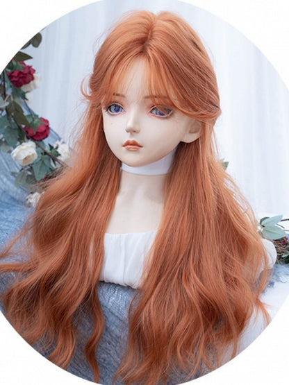 カーテンバング付きオレンジロングウェーブ合成ウィッグ