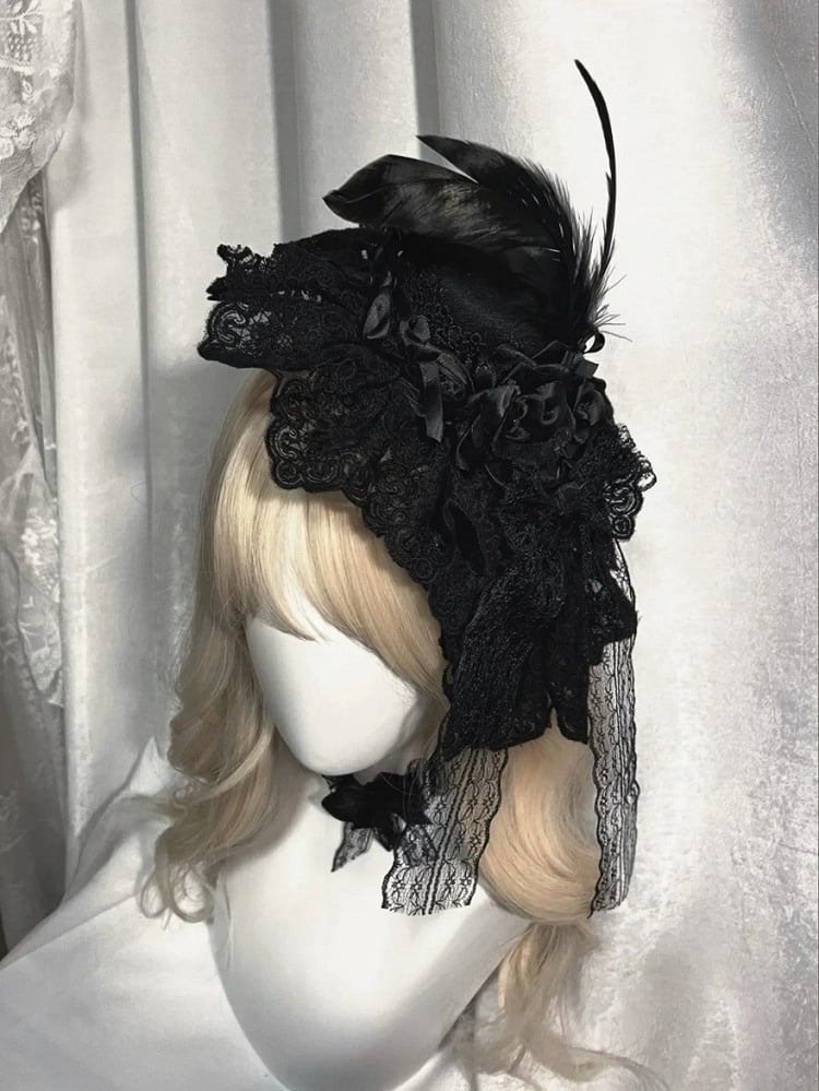 Gothic Lace Mini Hat with Feather Decor - Custom Made Earrings