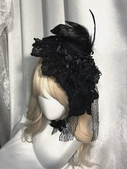 Gothic Lace Mini Hat with Feather Decor - Custom Made Earrings
