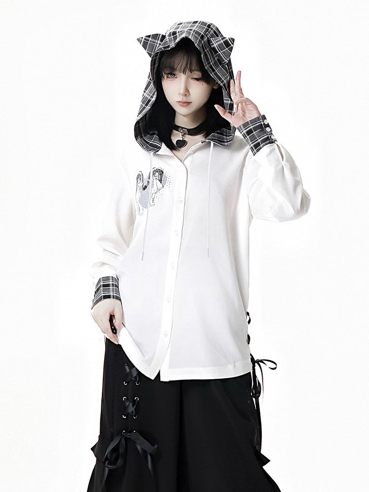 猫耳フードデザイン チェック柄サイドレースアップシフォンシャツ ホワイト