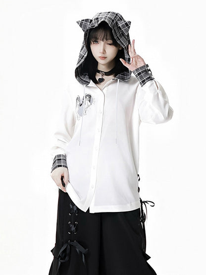 猫耳フードデザイン チェック柄サイドレースアップシフォンシャツ ホワイト
