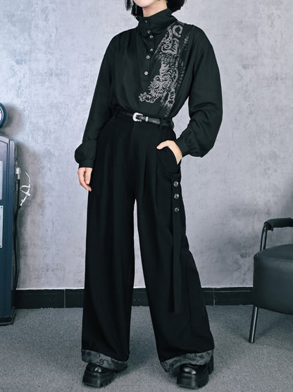 Blouse Cheongsam Five-Poison Ruched with Gothic Black Print Draping