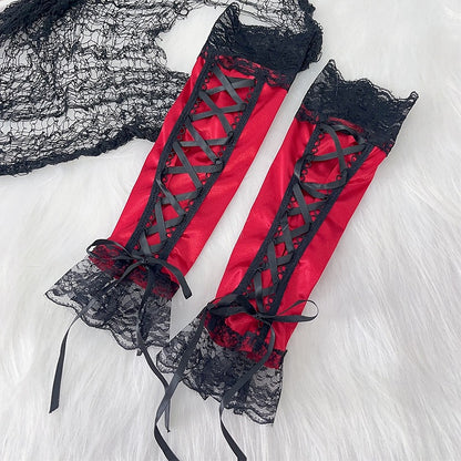 Spitze Y2K Ärmel Schnürbesatz Pink/Schwarz/Lila/Rot Glamouröses Detail