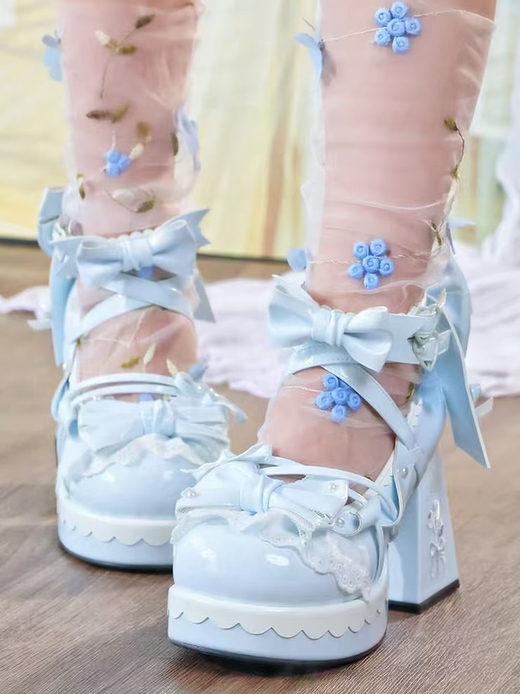 Heart Platform Block Accents Heels with - Sky Height 8cm Heel Lolita Blue Snap Sweet Decorative Striped High Bow