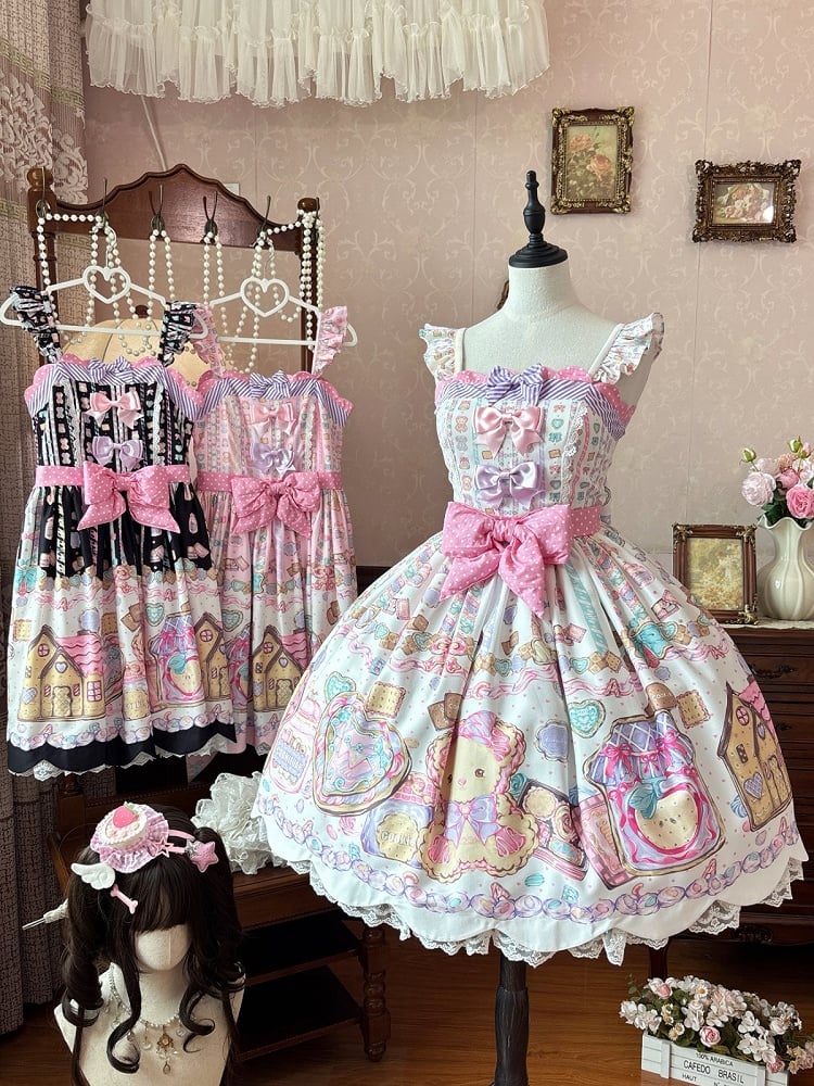 Adorable White Bear-Print Lace JSK with Ribbon Embellishments - Sweet Dream Shop