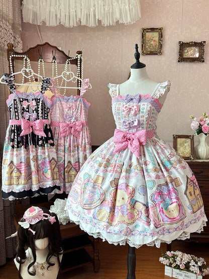 Adorable White Bear-Print Lace JSK with Ribbon Embellishments - Sweet Dream Shop