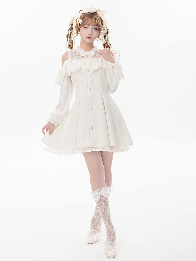 Beiges Jirai Kei-Kleid mit Illusionsausschnitt, ausgeschnittenen Schultern und Fliege