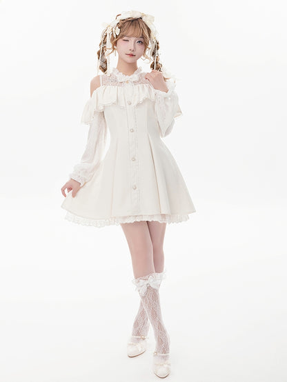 Beiges Jirai Kei-Kleid mit Illusionsausschnitt, ausgeschnittenen Schultern und Fliege