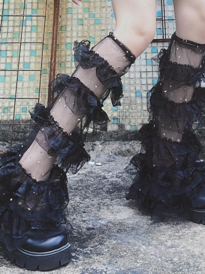 Tiered Leg Y2K Moon and Black Star Trims Sleeves Ruffle