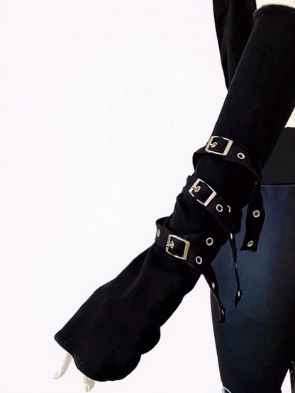 Black Punk Style Long Fingerless Gloves with Metal Buckle Decoration - Mr. Cat
