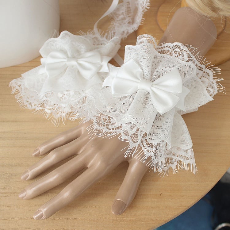 Lolita Wrist Shiro Bow Cuffs Lace