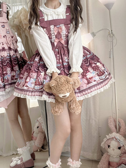 + Sweet Dress and Lolita Big Overall Print Cake Bear Reddish Brown Train Bow